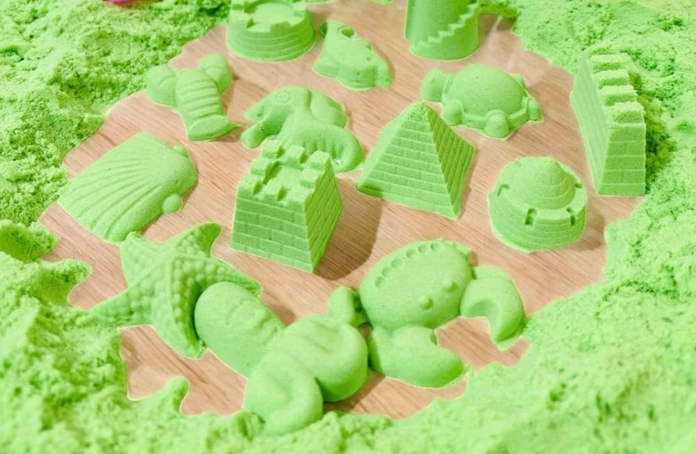 Play Sand Green Color 500gm LUCKY STARZZZ Non Sticky & Never Dries,Non-Toxic Quality Sand Bucket Comes With Different Shape Molds is Creative Fun For Kids (PSLS02 GreenSand 500gm)