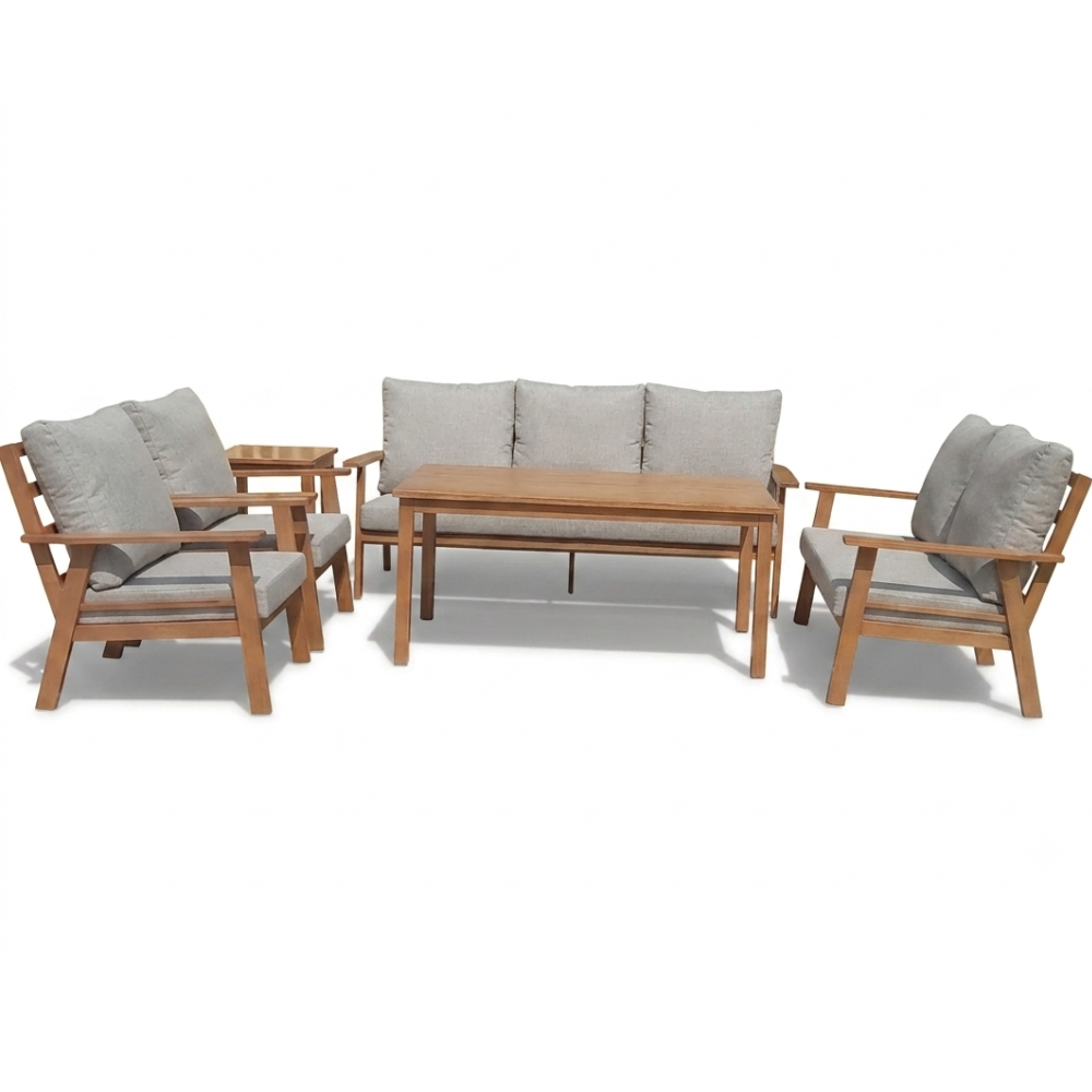 Modern wooden outdoor lounge set with grey cushions from The Outdoor Furniture Market