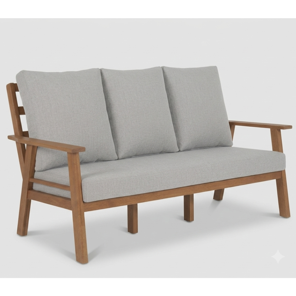 Grey cushioned wooden outdoor loveseat from The Outdoor Furniture Market