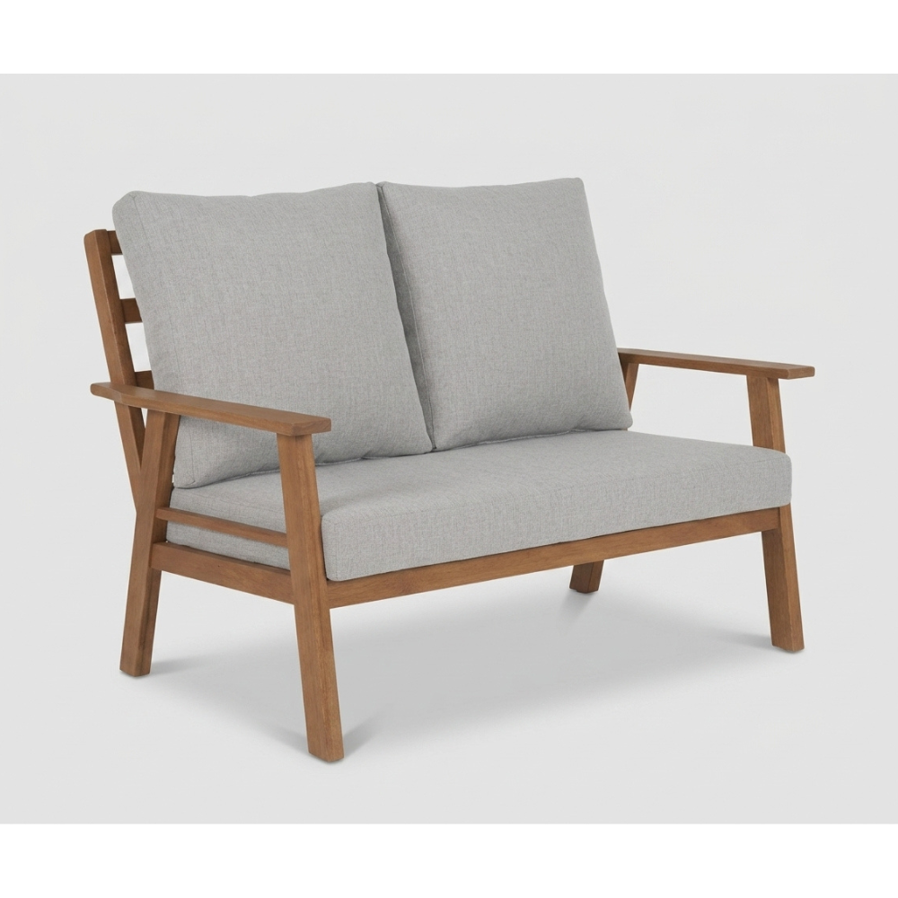 Grey cushioned wooden outdoor loveseat from The Outdoor Furniture Market