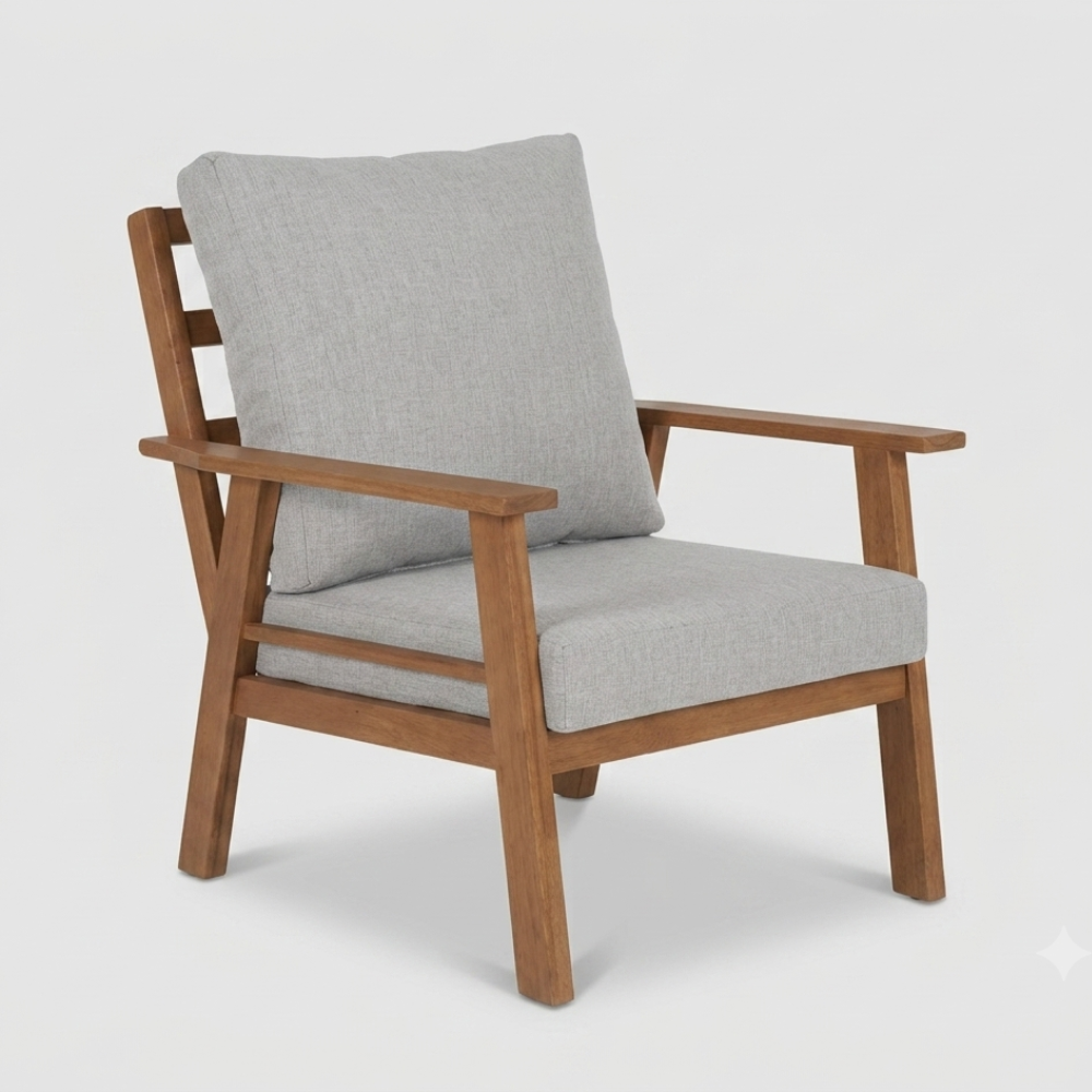 Modern wooden outdoor armchair with grey cushions from The Outdoor Furniture Market