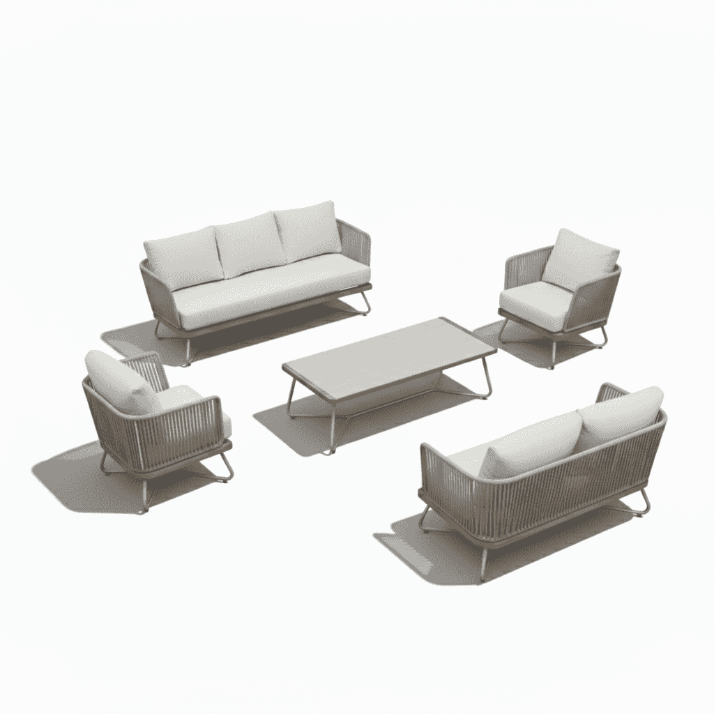 7-seater aluminum outdoor lounge set with cushioned seating and modern design in a garden setting.