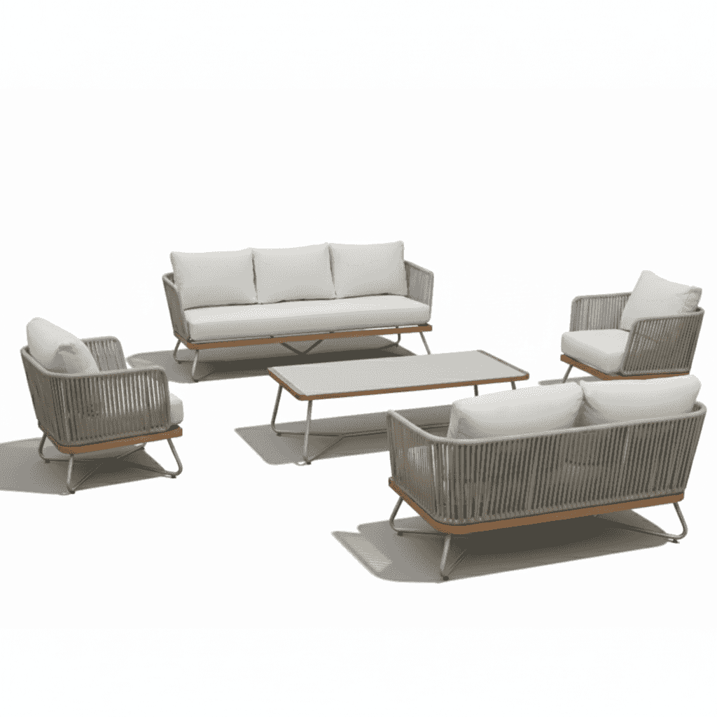 7-seater aluminum outdoor lounge set by , featuring cushioned seating and a modern design in a garden setting.