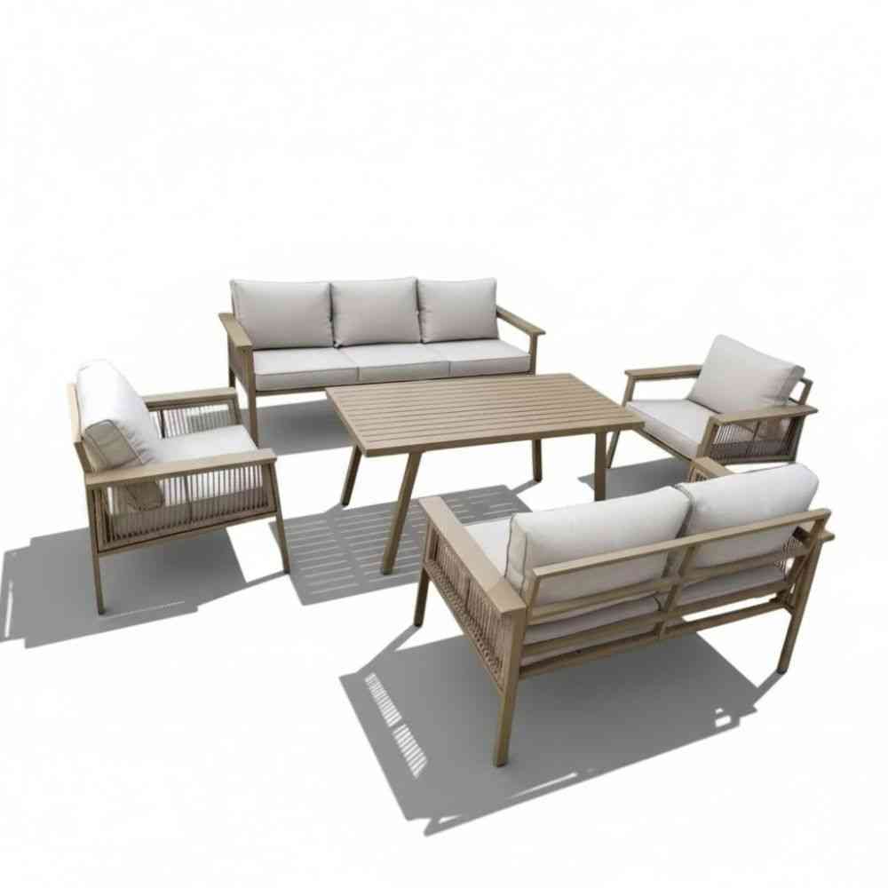 Khaki 7-seater aluminum outdoor sofa set with cushions, stylish and durable outdoor furniture by The Outdoor Furniture Market