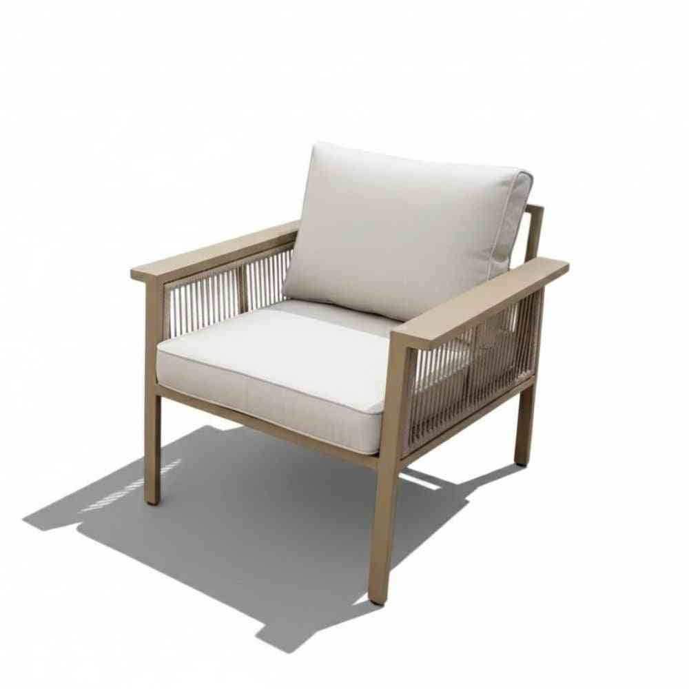 Seven-seater aluminum outdoor sofa set in khaki color, featuring plush cushions, weather-resistant design, by The Outdoor Furniture Market.