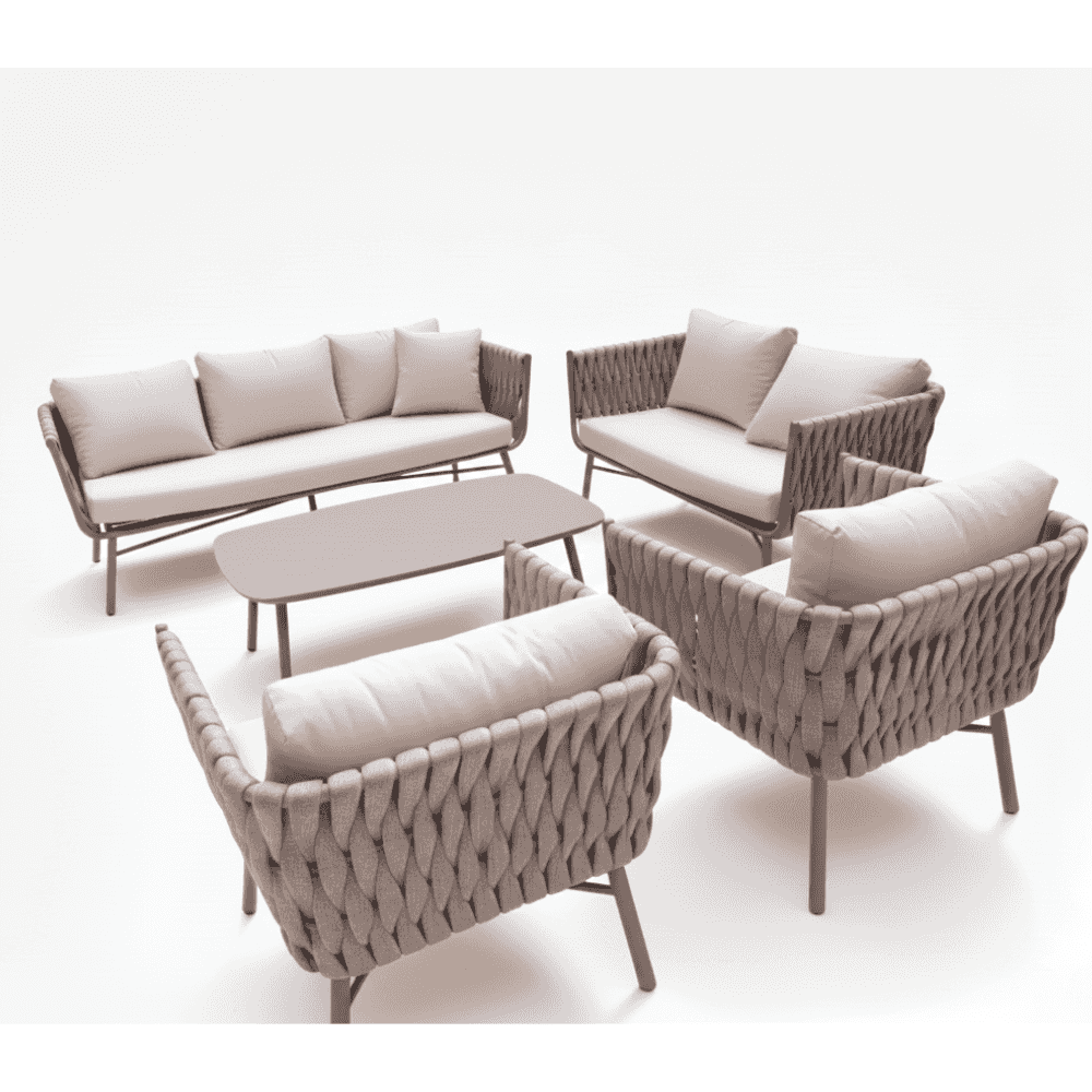 Seven-seater Aura outdoor sofa set with table by The Outdoor Furniture Market, featuring 3+2+1+1 seating and modern outdoor design.
