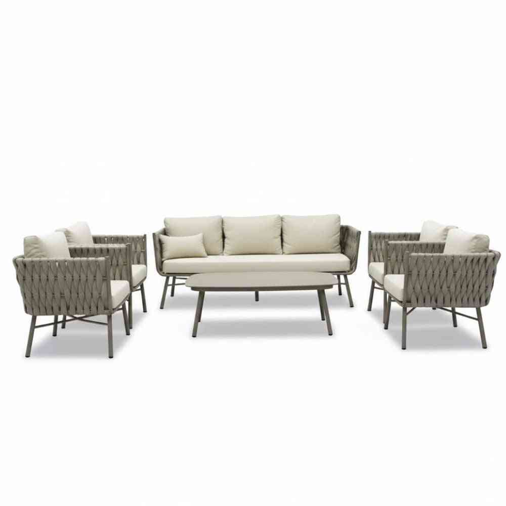 Seven-seater outdoor sofa set with matching table by The Outdoor Furniture Market, featuring 3+2+1+1 seating arrangement.
