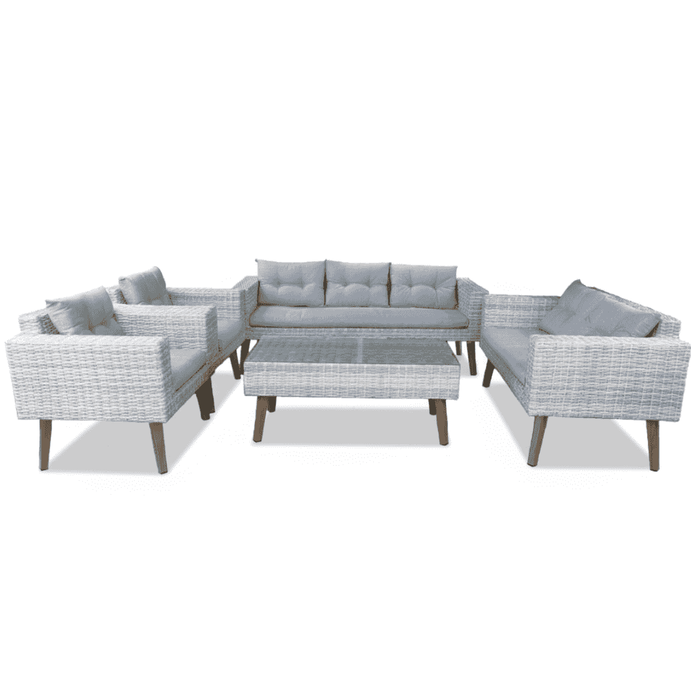 7 seater grey rattan lounge set by with plush grey cushions, ideal for outdoor relaxation and gatherings.