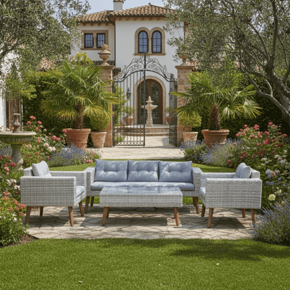 7 seater grey rattan lounge set with grey cushions, featuring a modern design by for outdoor relaxation.