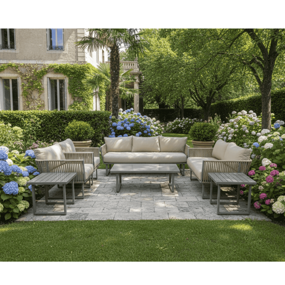 7-seater outdoor aluminum lounge set by with plush seating and a modern design, perfect for patios and gardens.