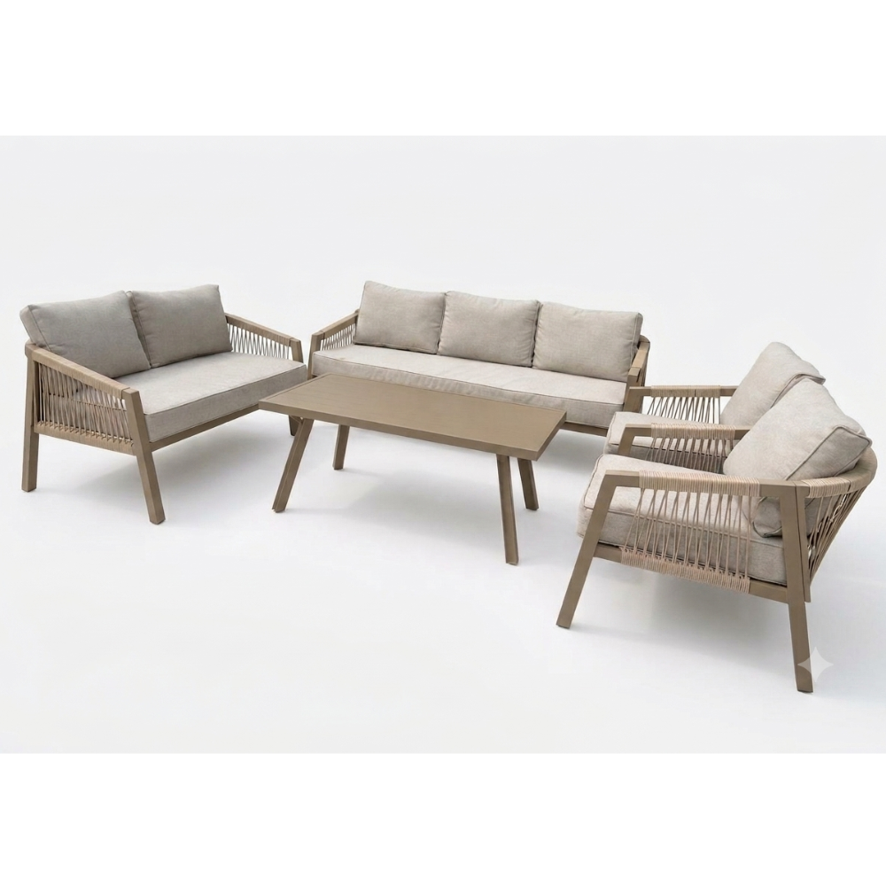 Modern outdoor lounge set with sofa, armchairs, and coffee table from The Outdoor Furniture Market
