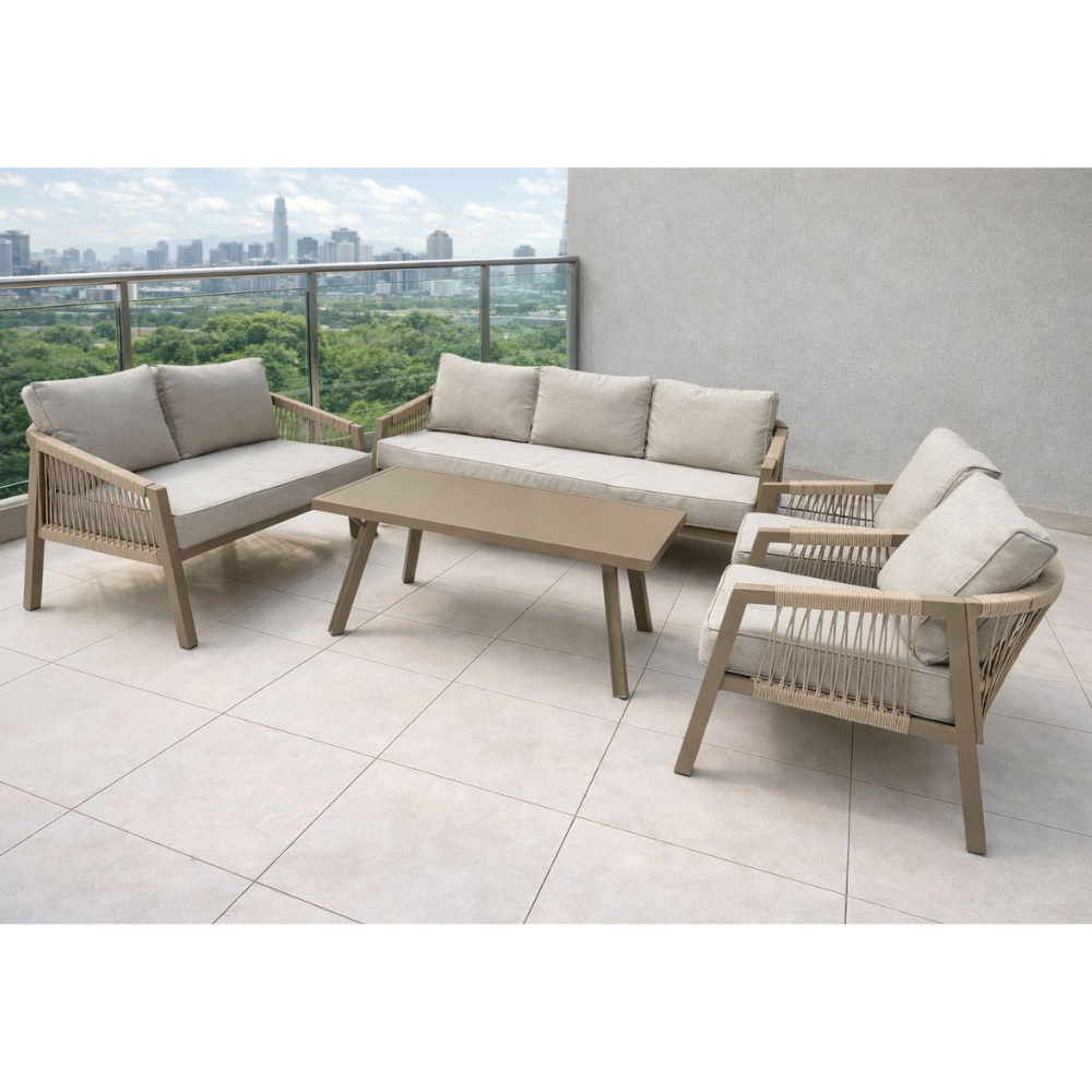 Modern beige outdoor lounge set with sofa, armchairs, and coffee table at The Outdoor Furniture Market