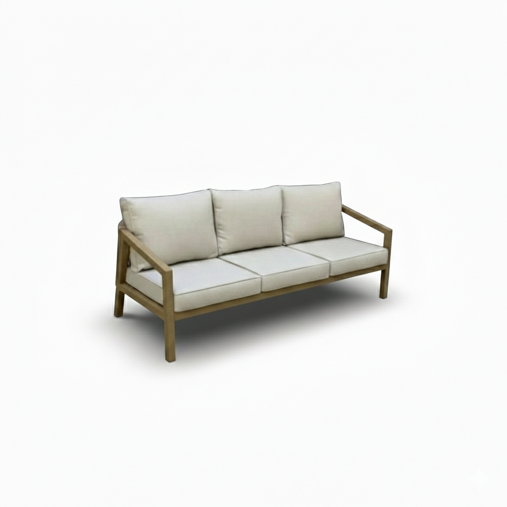 Modern wooden outdoor sofa with white cushions from The Outdoor Furniture Market