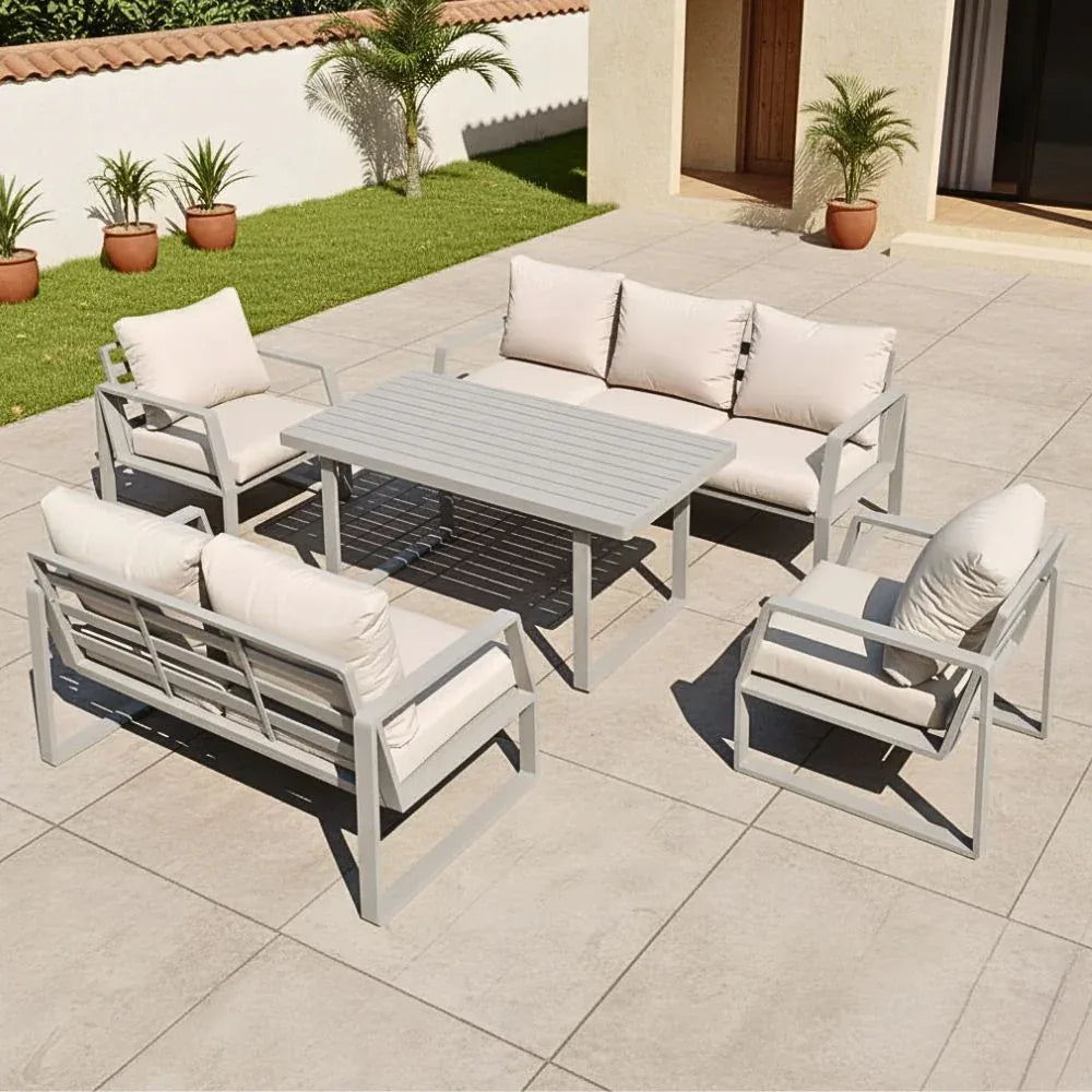 7 Seater Outdoor Garden Sofa in Aluminum Frame Plush Sponge Cushions - Khaki - The Outdoor Furniture Market