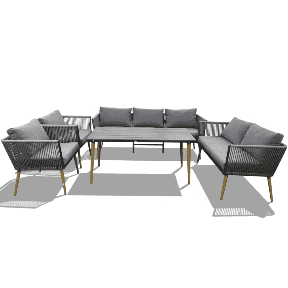7 seater rope design lounge set featuring stylish seating and durable outdoor materials.