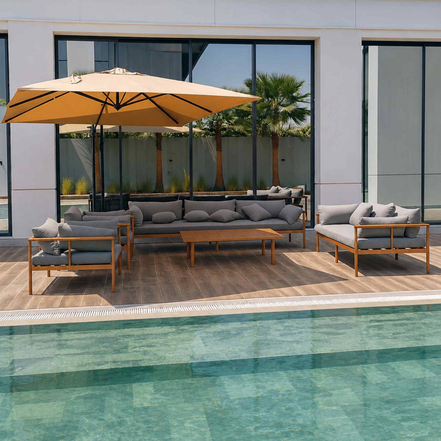 7-Seater Aluminium Outdoor Lounge Set with Cushions | Wood-Effect Frame | Brown