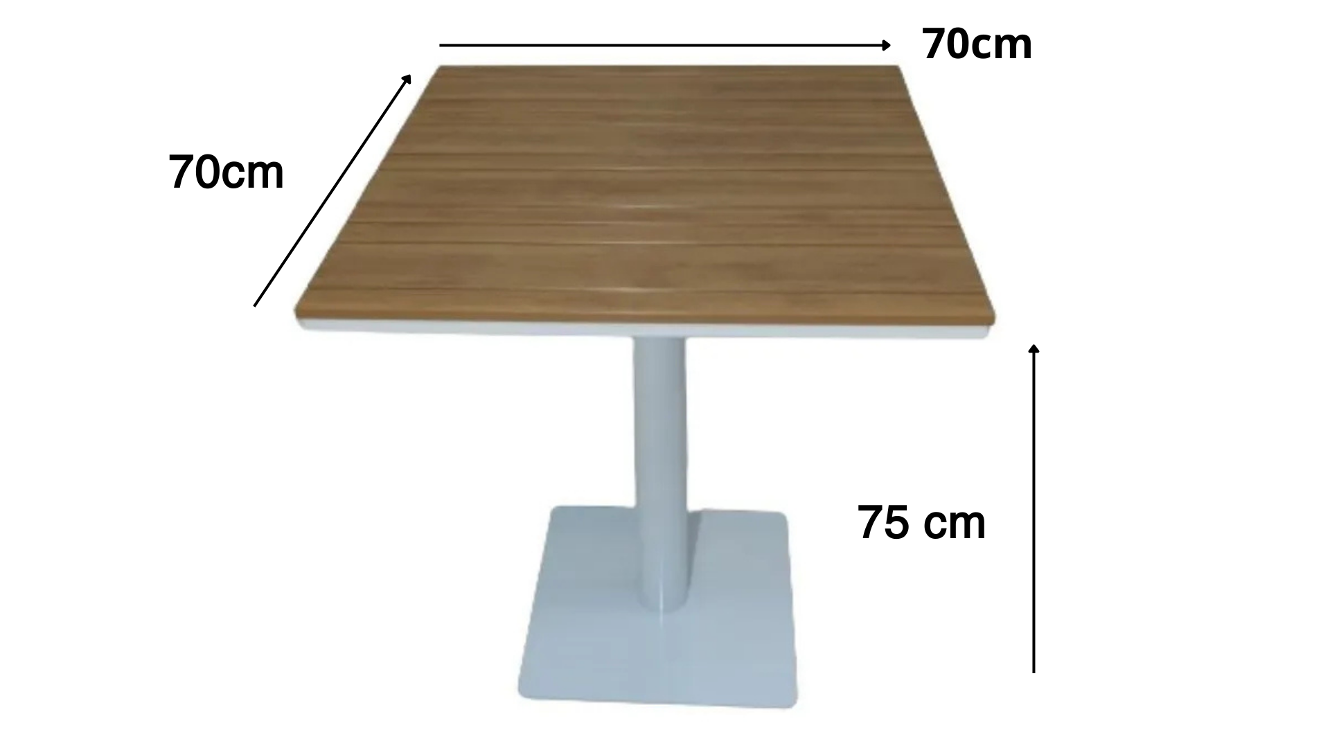 modern square outdoor bistro table with a wood-look top and a single pedestal base