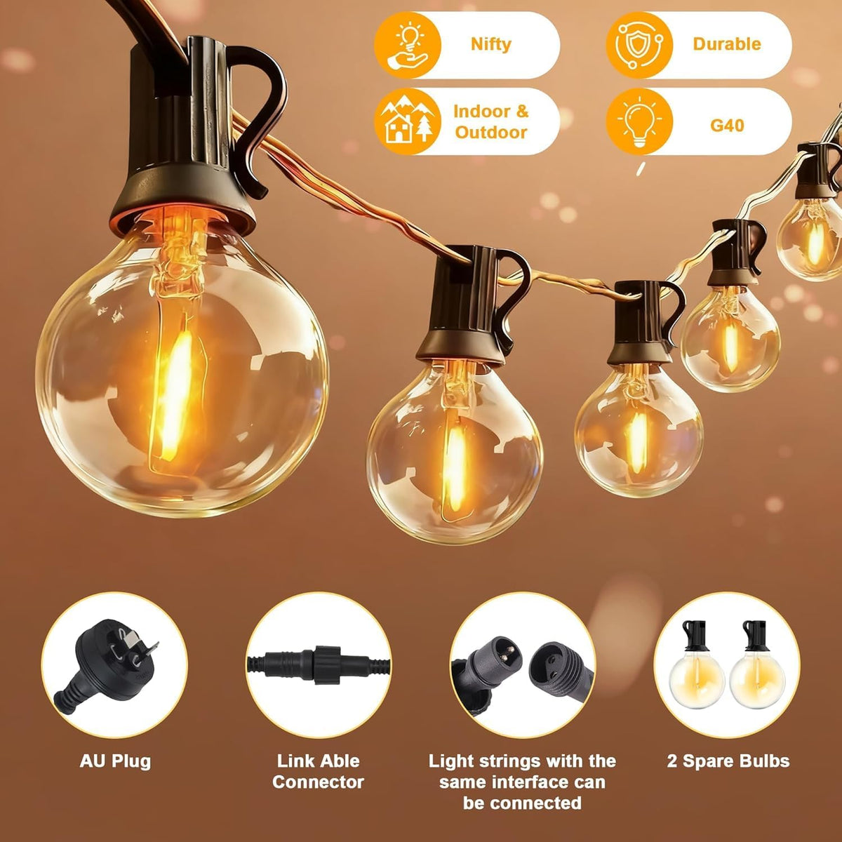 G40 LED solar outdoor string lights with 4 modes, waterproof IP44, warm white, 15m length for outdoor lighting by The Outdoor Furniture Market