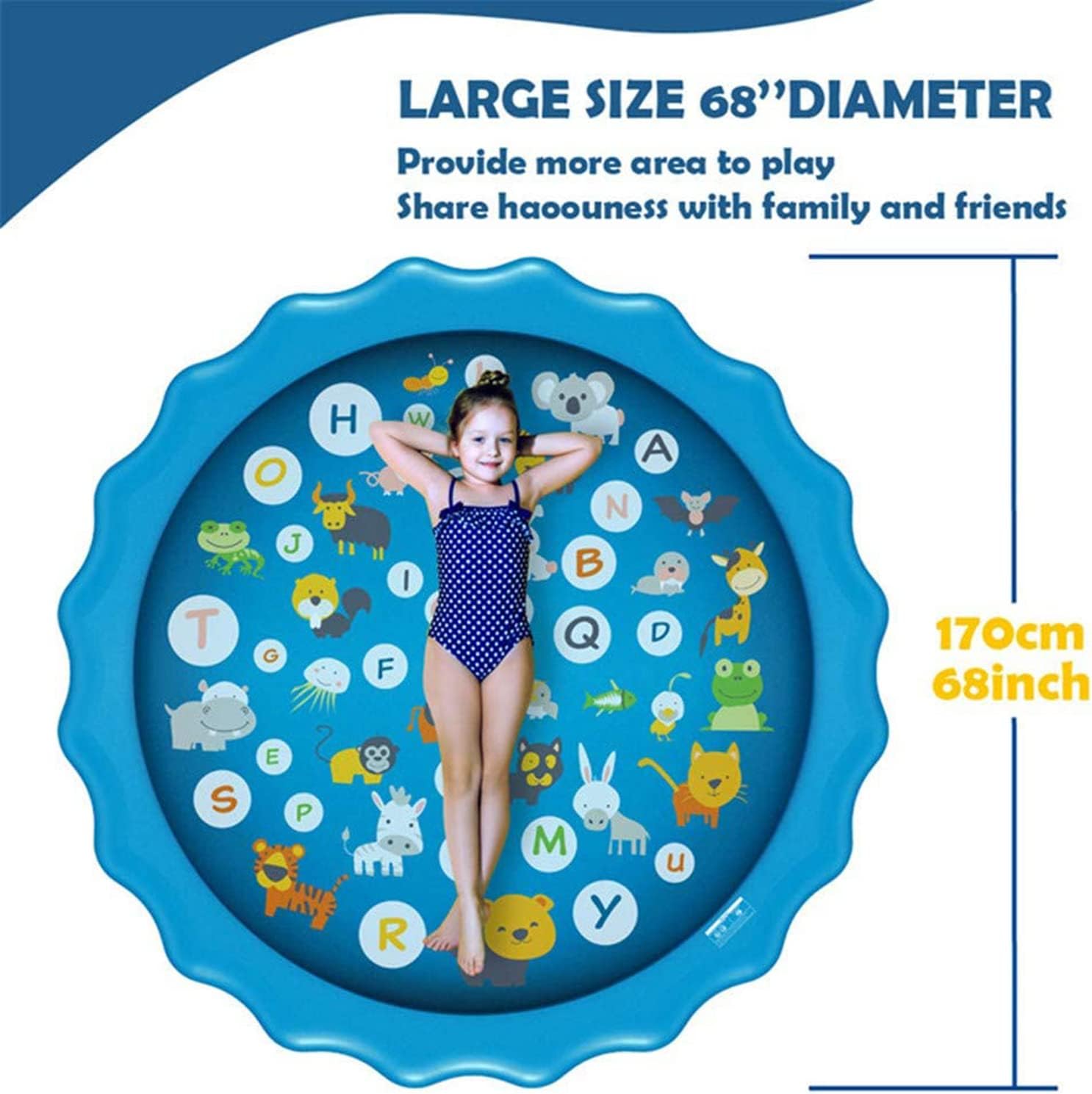 Colorful Zoo Splash Pad 100cm water sprinkler mat for kids, featuring animal designs and vibrant patterns for outdoor summer fun.