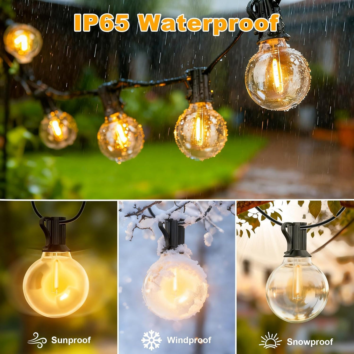 G40 LED outdoor string lights by The Outdoor Furniture Market, warm white, 15m length, waterproof IP44, with 4 lighting modes.
