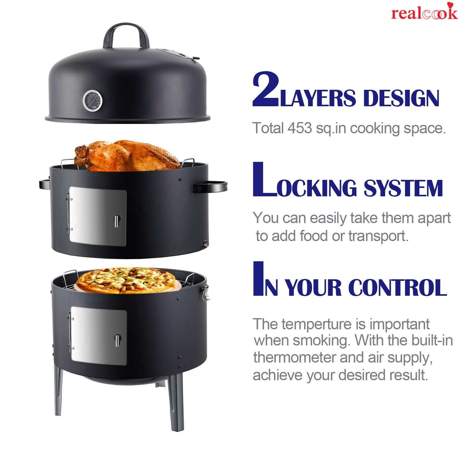 Realcook Vertical Charcoal Smoker - 636 sq.in Multi-Layer BBQ Grill & Smoker