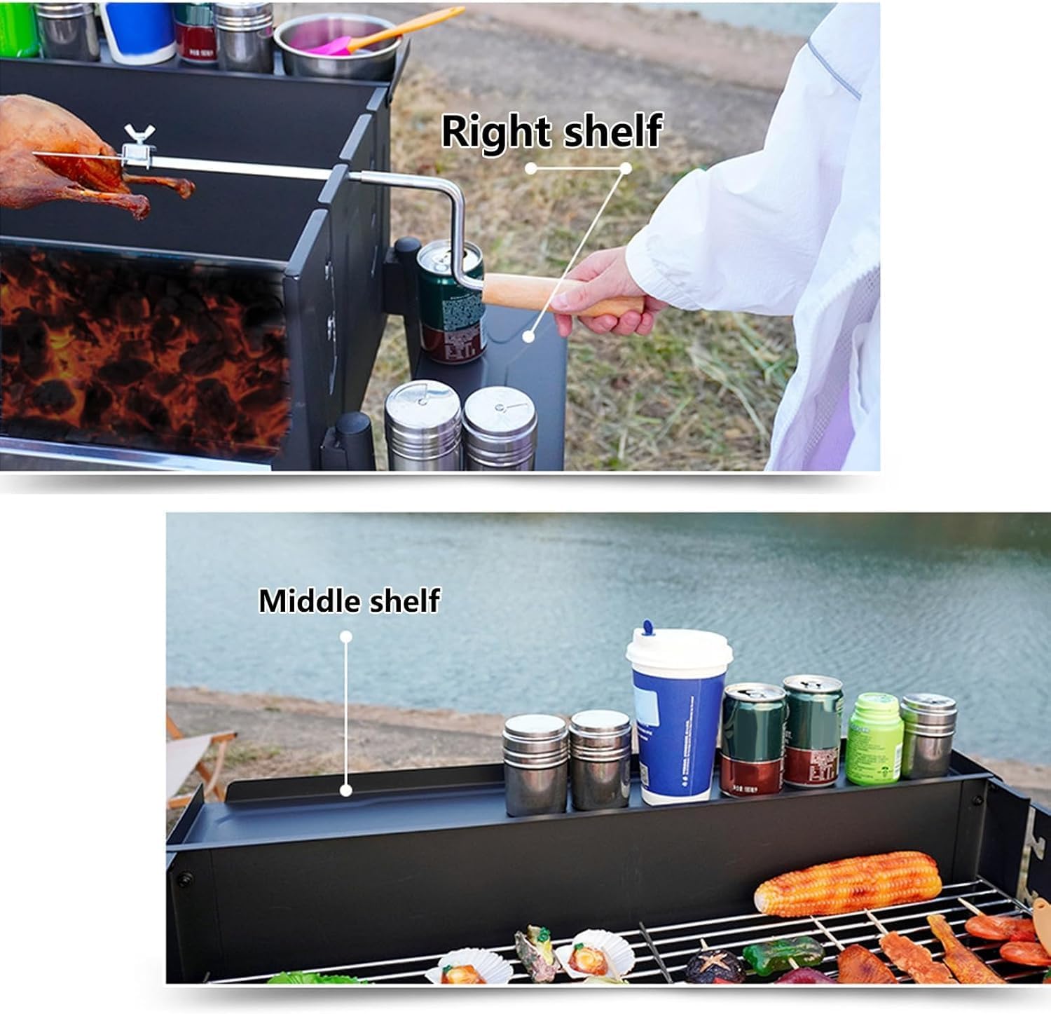 Folding Barbecue Charcoal Grill, Outdoor Windproof Charcoal Grills with 3-Sided Storage Board and Frying Pan, Stainless Steel Large BBQ Stove for Backyard, Garden, Camping, Picnic, Party.
