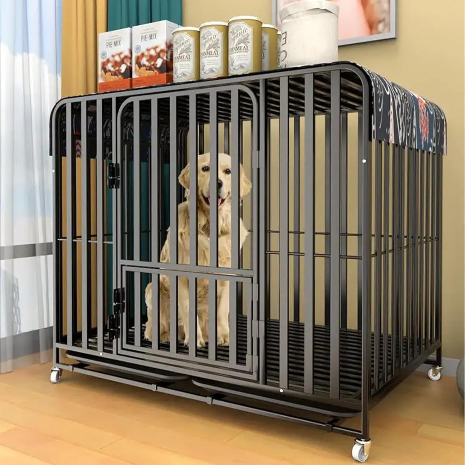 Heavy Duty Dog Crate - 37 Inch Large Metal Dog Crate with 2 Doors and 4 Wheels, Full Square Tube Kennel for Large and Medium Dogs, Removable Tray