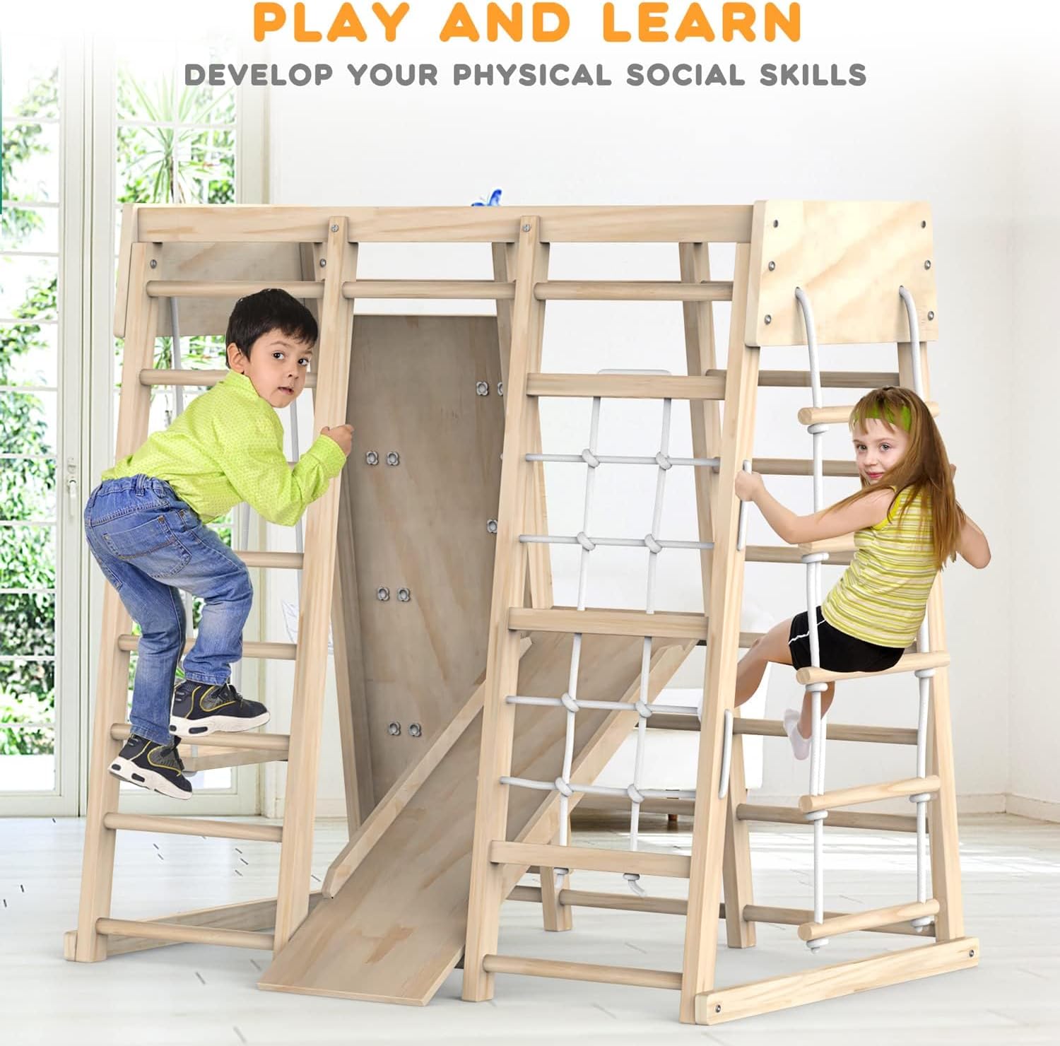 Beauenty 6-in-1 Indoor Jungle Gym - Montessori Climbing Frame for Kids 3+ - The Outdoor Furniture Market 