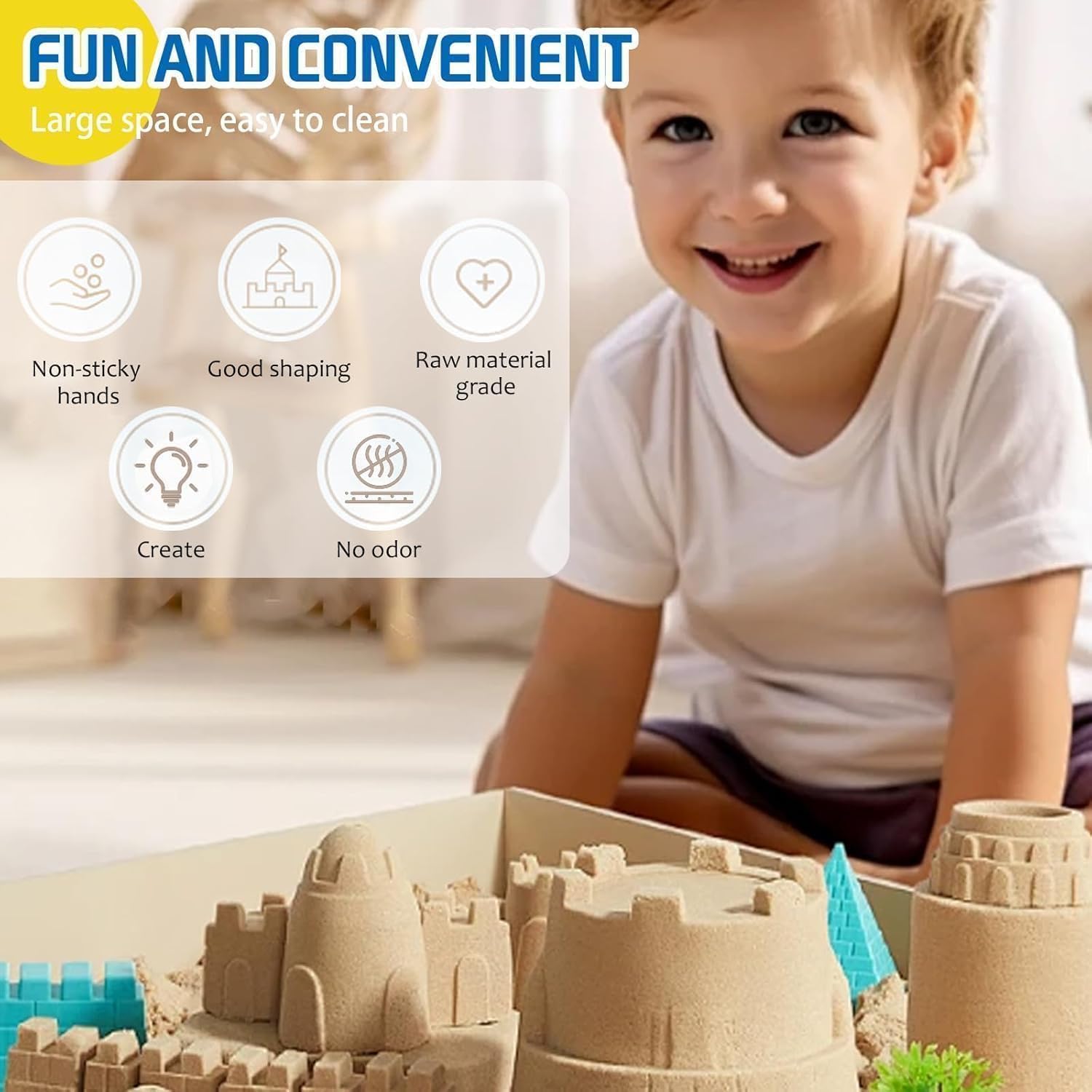 DMG Play Sand, 6 Pcs Molds, Shape does not scatter, more delicate, does not stick to the hand, Kid's Non Toxic Soft Playsand, Moulding and Creating for Kids Indoors, Outdoors Activity(Sand color)