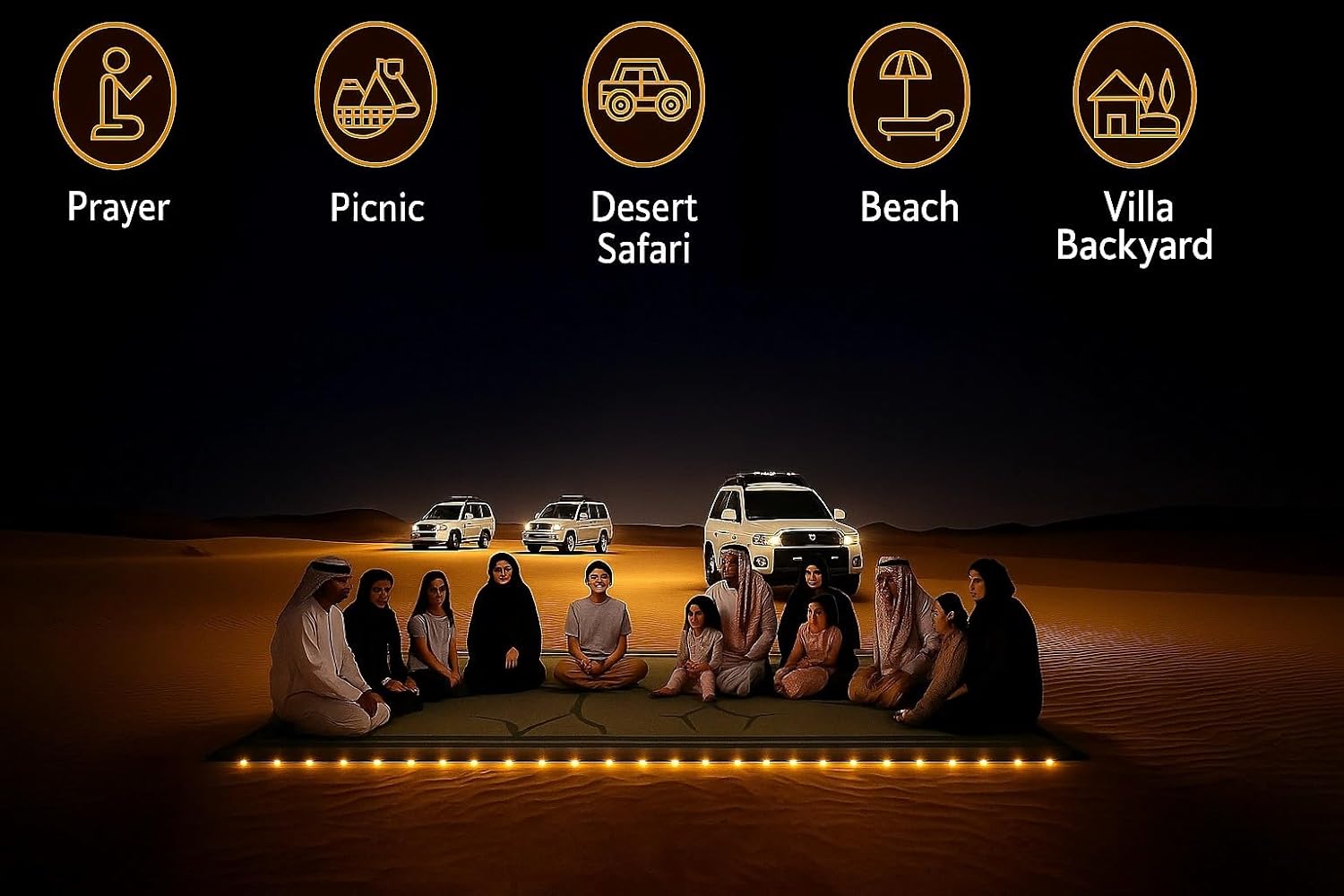 Camping Mat with LED Lights – Portable Outdoor Camping Mat with Edge Lighting | Desert, Wadi & Backyard Use | Foldable, Easy-Clean, Battery Operated & Durable (Khaki Cloud, 270x360)