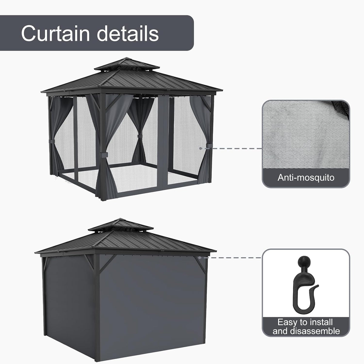 Black 3x3m aluminum gazebo with double roof, outdoor shade structure, ideal for garden or patio relaxation.