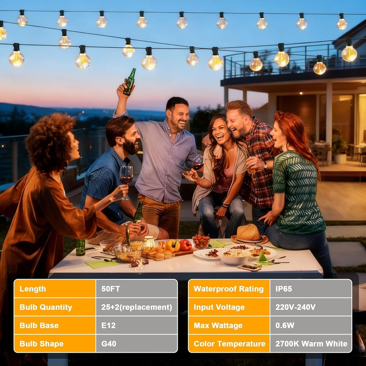 15m G40 LED solar outdoor string lights in warm white with 4 lighting modes and IP44 waterproof design.
