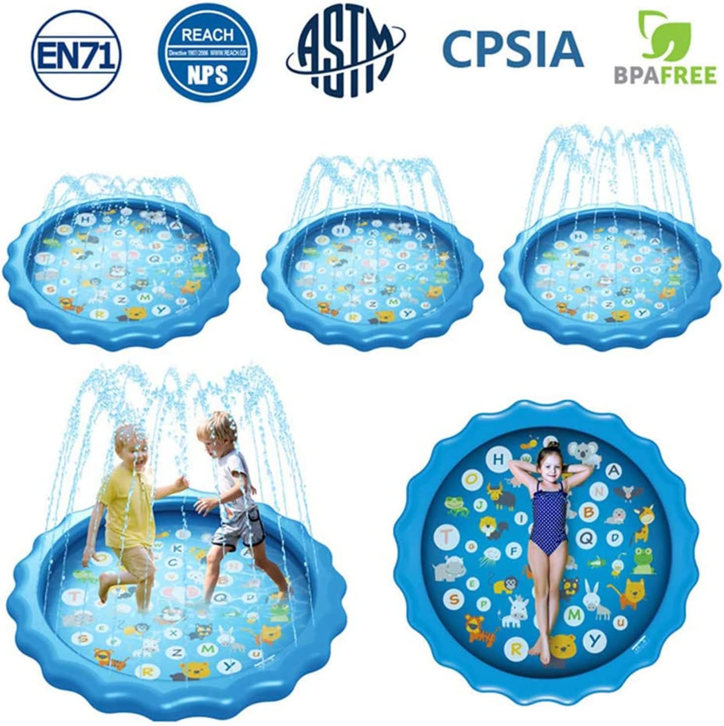 Colorful Zoo Splash Pad 100cm water sprinkler mat for kids, featuring animal designs, by The Outdoor Furniture Market.