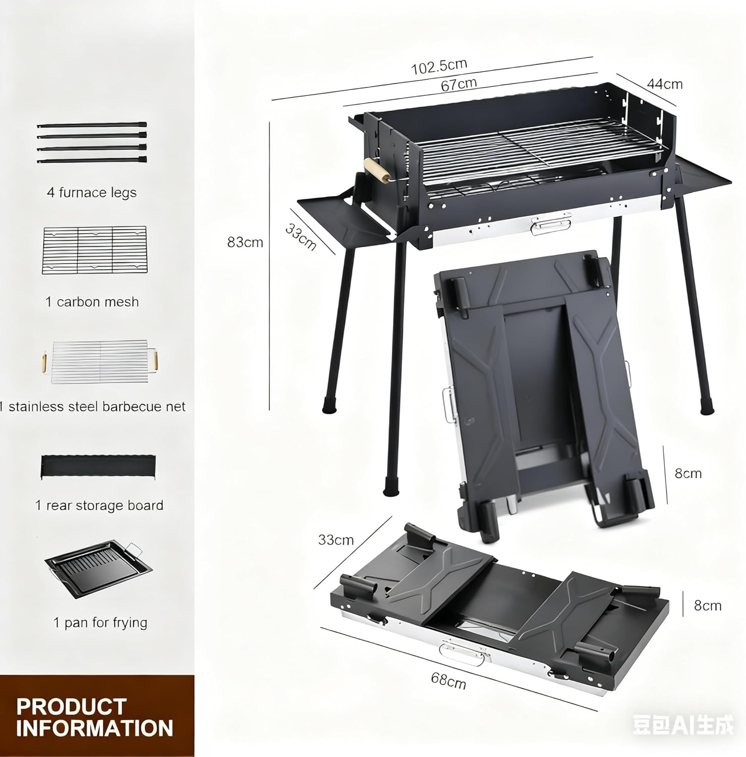 Folding Barbecue Charcoal Grill, Outdoor Windproof Charcoal Grills with 3-Sided Storage Board and Frying Pan, Stainless Steel Large BBQ Stove for Backyard, Garden, Camping, Picnic, Party.