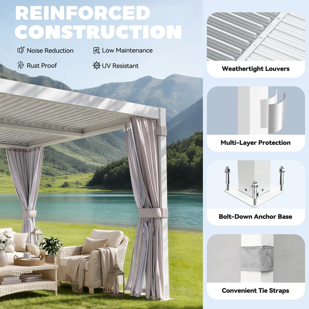 Aluminium louvered pergola with adjustable roof and curtains, available in 3x3m, 3x4m, and 3x6m, outdoor gazebo for shade.