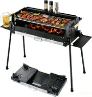 Folding Barbecue Charcoal Grill, Outdoor Windproof Charcoal Grills with 3-Sided Storage Board and Frying Pan, Stainless Steel Large BBQ Stove for Backyard, Garden, Camping, Picnic, Party.