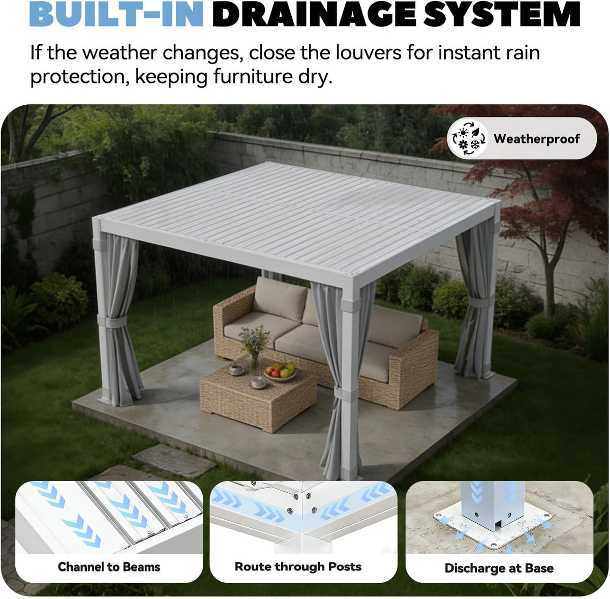 Aluminium louvered pergola with adjustable roof and curtains, available in 3x3m, 3x4m, and 3x6m sizes, outdoor gazebo and pergola.