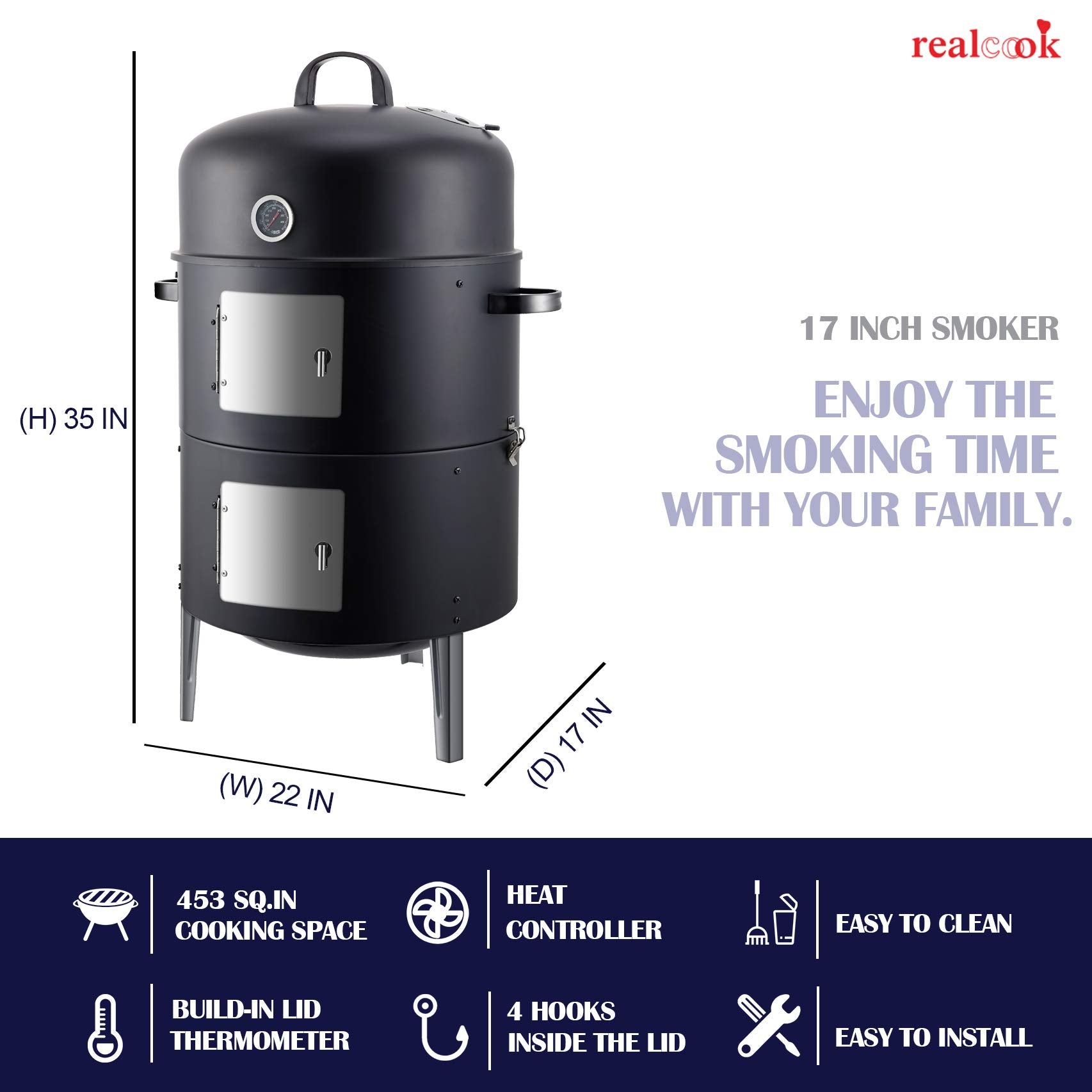 Realcook Vertical Charcoal Smoker - 636 sq.in Multi-Layer BBQ Grill & Smoker