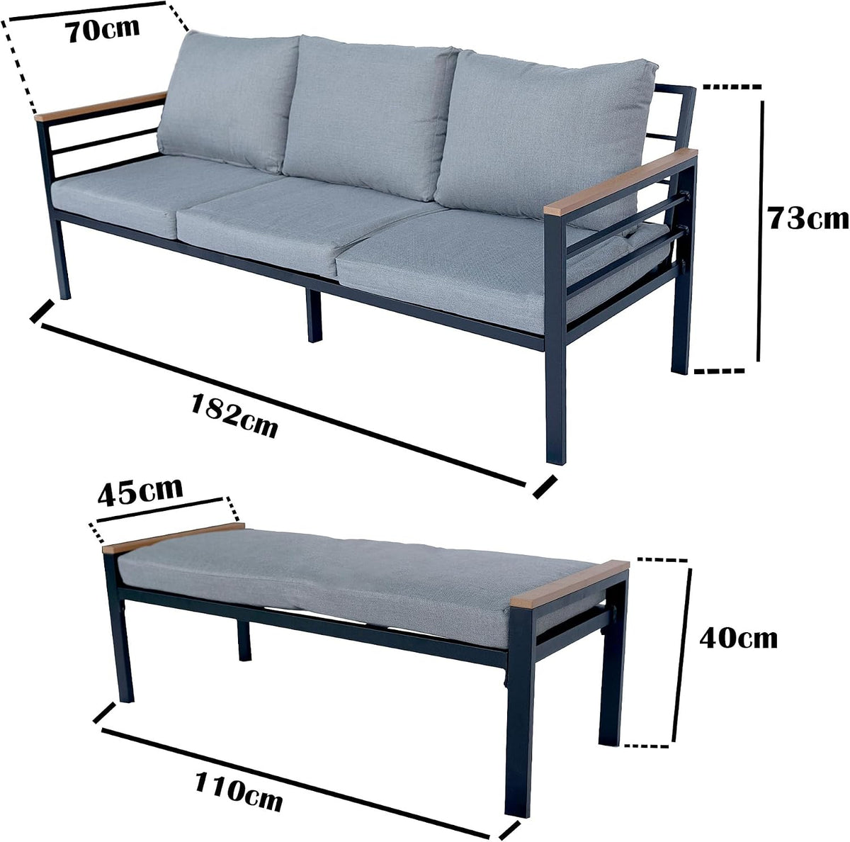 Durable aluminum outdoor sofa set with waterproof cushions, stylish seating for patio or garden by The Outdoor Furniture Market.