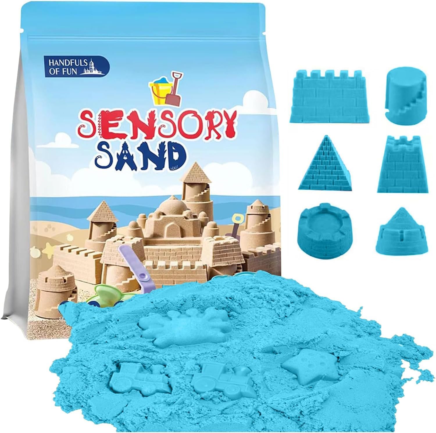 DMG Play Sand, 6 Pcs Molds, Shape does not scatter, more delicate, does not stick to the hand, Kid's Non Toxic Soft Playsand, Moulding and Creating for Kids Indoors, Outdoors Activity(Sand color)