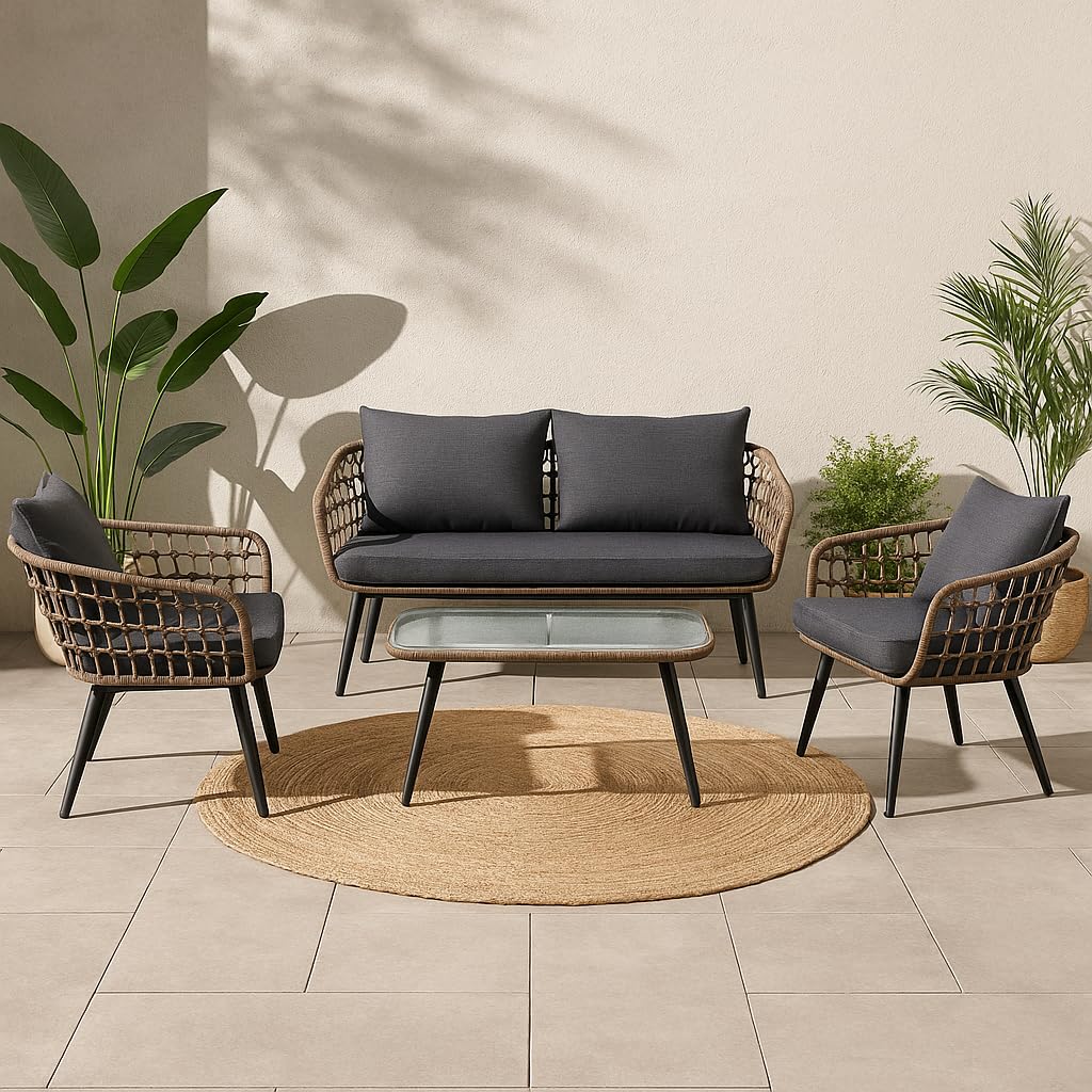 4-Piece Rattan Outdoor Lounge Set with Tempered Glass Coffee Table