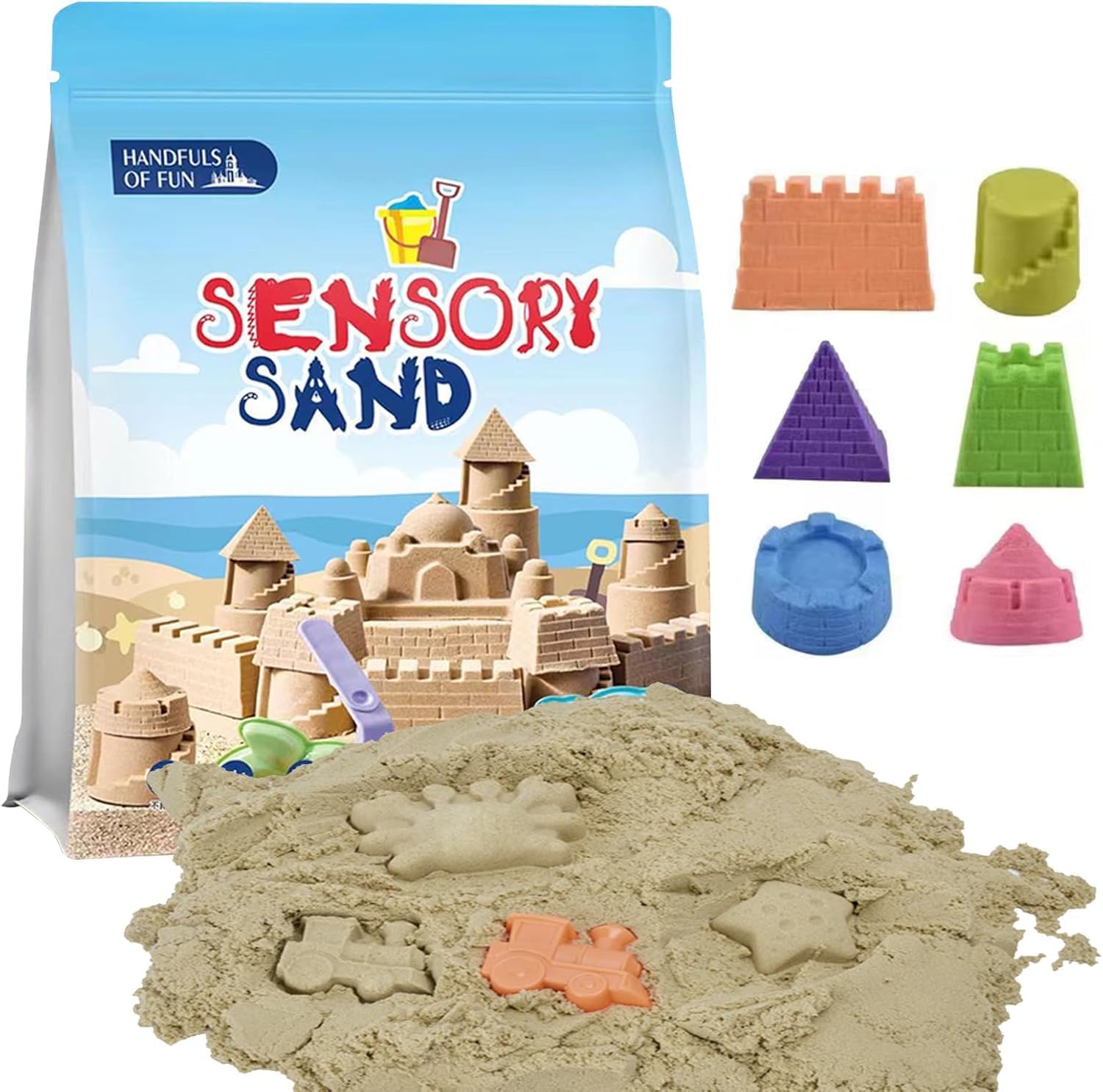 DMG Play Sand, 6 Pcs Molds, Shape does not scatter, more delicate, does not stick to the hand, Kid's Non Toxic Soft Playsand, Moulding and Creating for Kids Indoors, Outdoors Activity(Sand color)