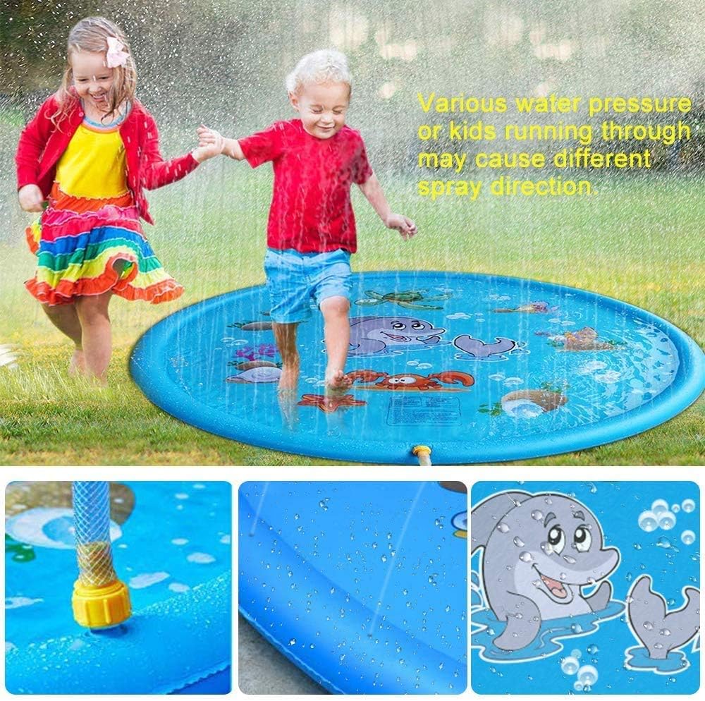 Colorful dolphin-themed splash pad water sprinkler play mat for kids, ideal for outdoor fun and cooling off in summer.