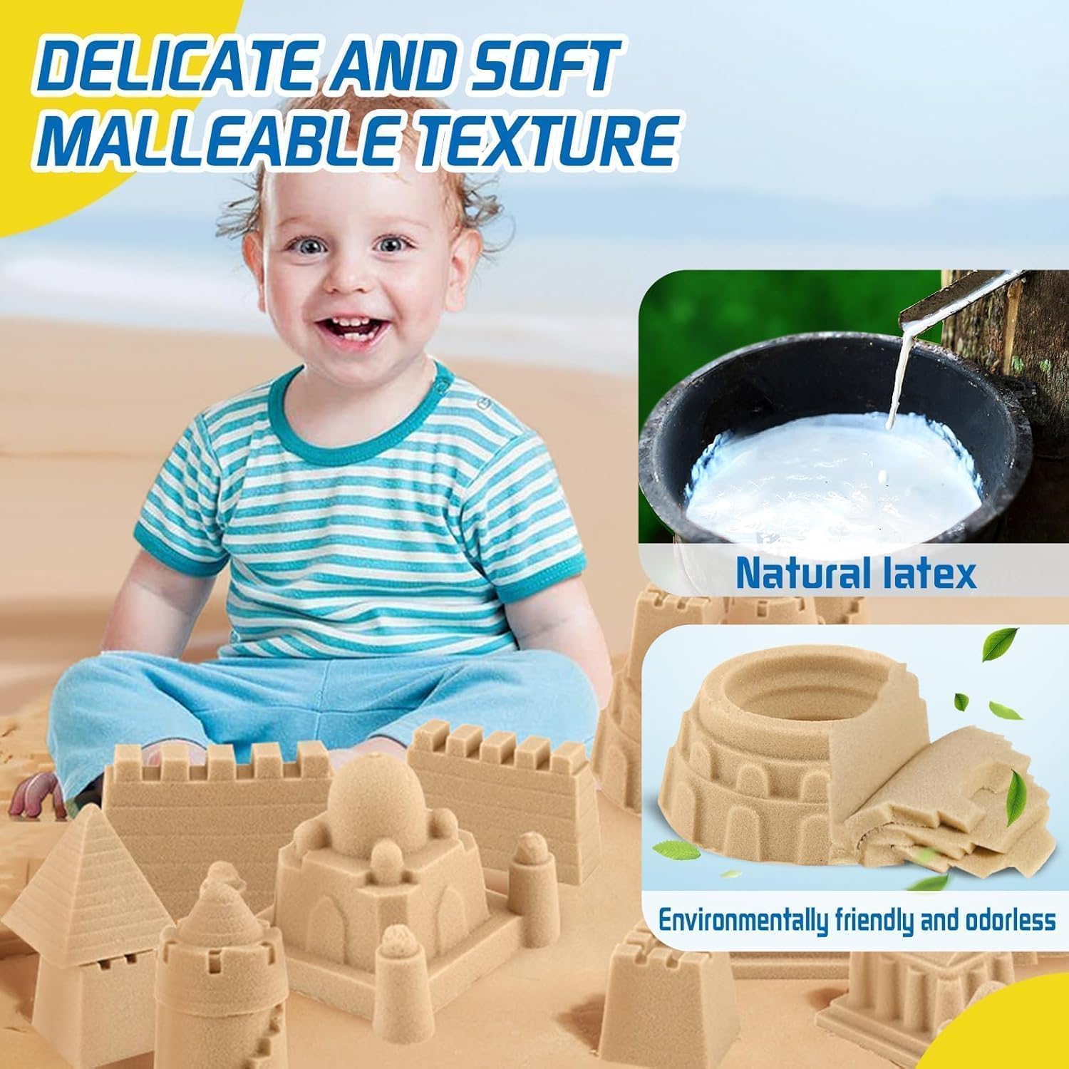DMG Play Sand, 6 Pcs Molds, Shape does not scatter, more delicate, does not stick to the hand, Kid's Non Toxic Soft Playsand, Moulding and Creating for Kids Indoors, Outdoors Activity(Sand color)