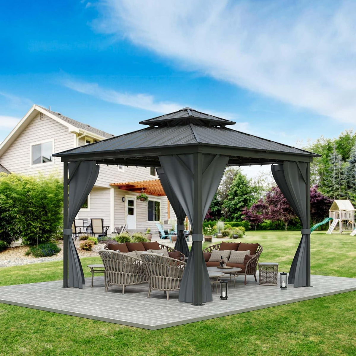 Black 3x3m aluminum gazebo with double roof, outdoor shade structure from The Outdoor Furniture Market, ideal for garden or patio use.
