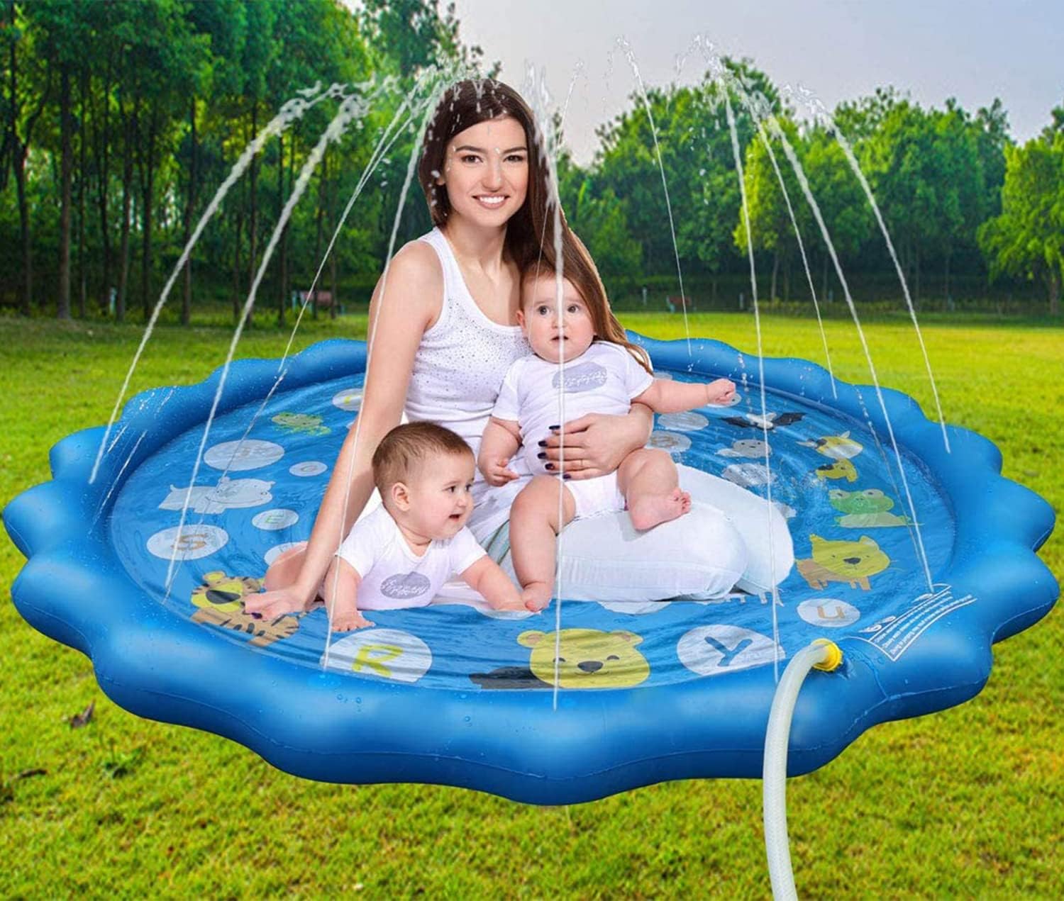 Colorful Zoo Splash Pad 100cm water sprinkler mat for kids, featuring animal designs and easy setup for outdoor fun.