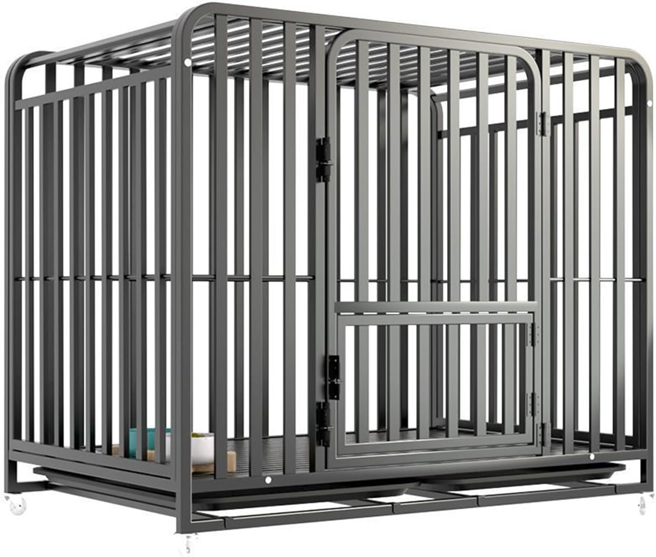 Heavy Duty Dog Crate - 37 Inch Large Metal Dog Crate with 2 Doors and 4 Wheels, Full Square Tube Kennel for Large and Medium Dogs, Removable Tray