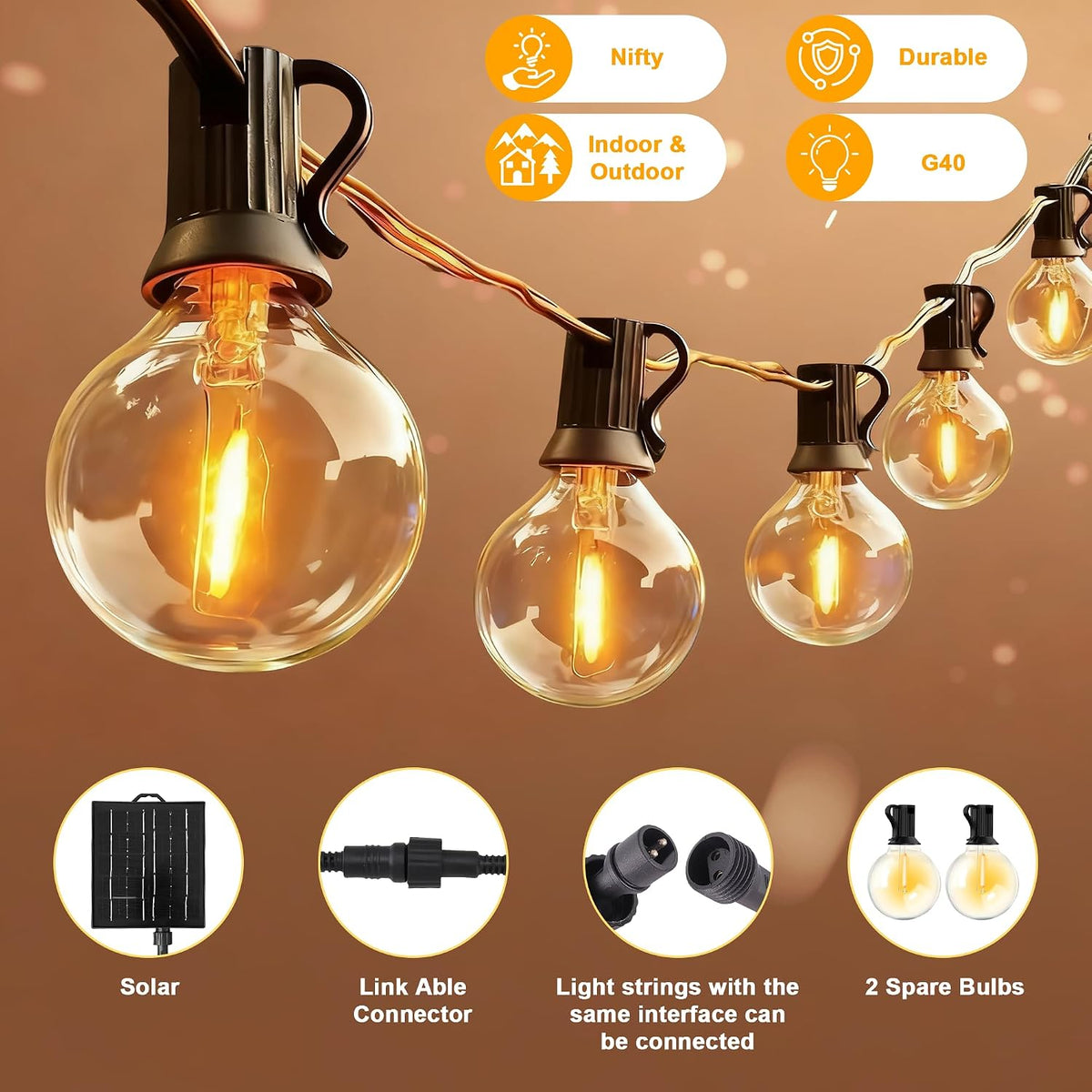 G40 LED solar outdoor string lights with 15m length, warm white glow, 4 lighting modes, waterproof IP44, by The Outdoor Furniture Market