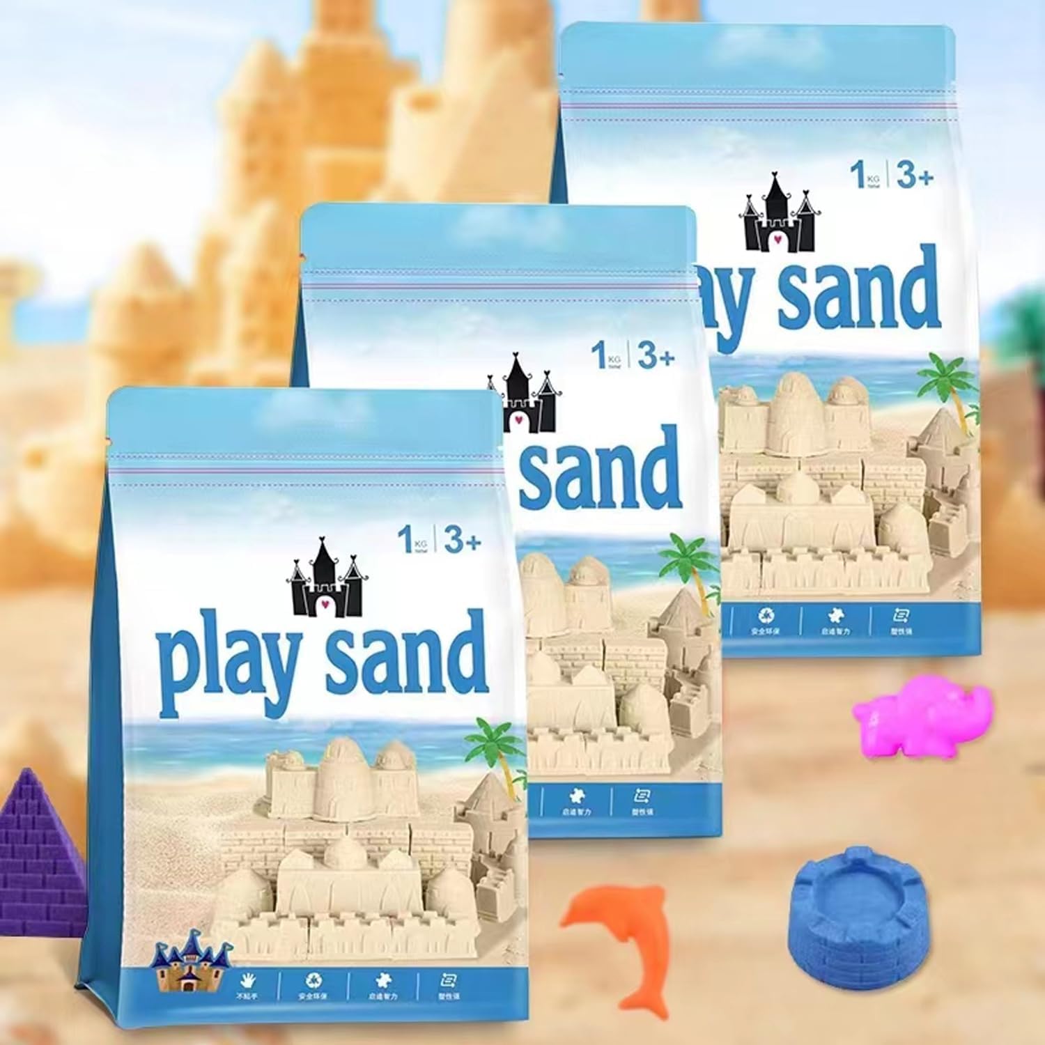 DMG Play Sand, 6 Pcs Molds, Shape does not scatter, more delicate, does not stick to the hand, Kid's Non Toxic Soft Playsand, Moulding and Creating for Kids Indoors, Outdoors Activity(Sand color)