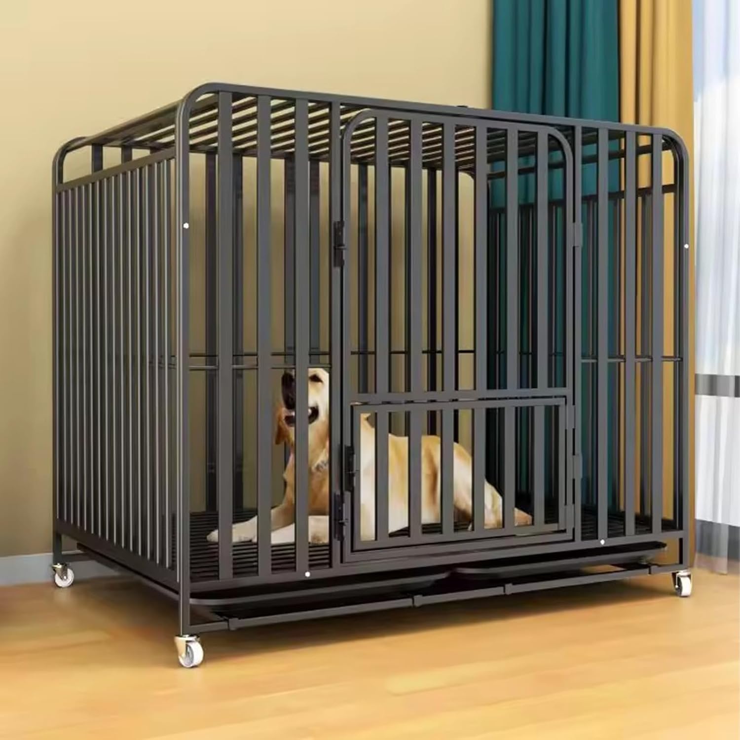 Heavy Duty Dog Crate - 37 Inch Large Metal Dog Crate with 2 Doors and 4 Wheels, Full Square Tube Kennel for Large and Medium Dogs, Removable Tray